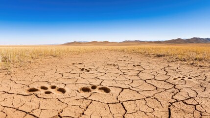 Dried landscape with animal paw prints on cracked earth and clear blue sky