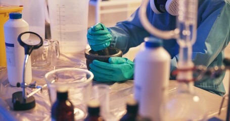 Hands, gloves and chemical in lab, drugs or production for illegal market with mortar, container or...