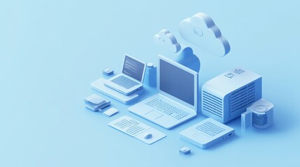 A minimalist digital workspace featuring various computing devices and cloud elements.