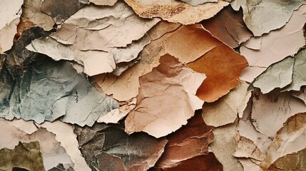 Close-up of weathered, torn paper in earthy tones, creating a textured abstract background.