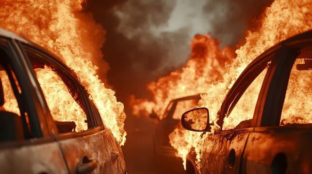 Intense flames curling up from a row of burning cars in an urban parking lot casting a dramatic fiery glow across the scene of destruction and chaos