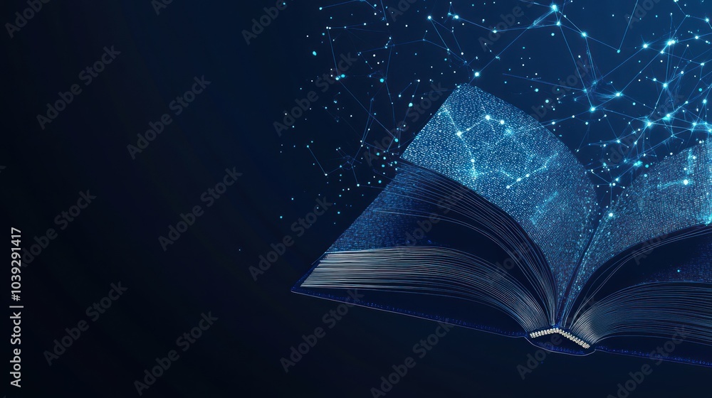 Poster an open book with a glowing, digital network emerging from its pages.
