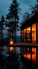 Fototapeta premium Serene Evening Retreat A Modern Cabin Amidst Nature with Reflective Waters and Candlelight