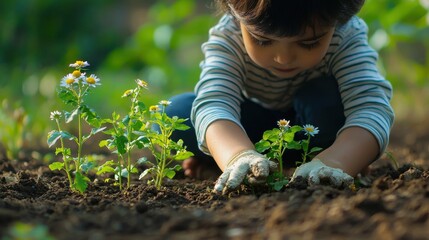 A young child carefully tends to flowers in a garden, showcasing the beauty of nature and the joy of nurturing plants. Perfect image for garden lovers.