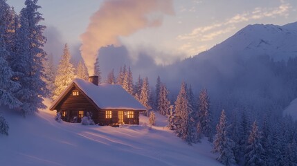 Fototapeta premium Cozy winter cabin nestled in the mountains, smoke rising from the chimney as snow gently blankets the rooftop. Warm light spills from the windows. Winter.