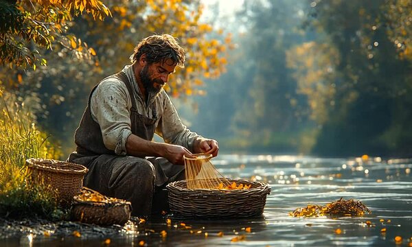 A man gathers materials by a serene riverside in autumn.