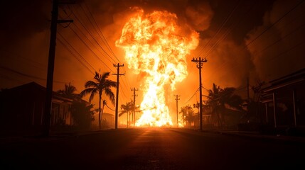 Dramatic scene of flames shooting up from a broken power line on a dark deserted city street at night creating an intense electrical hazard and crisis situation