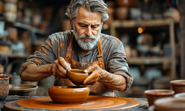A potter skillfully shaping clay into a bowl at a workshop.
