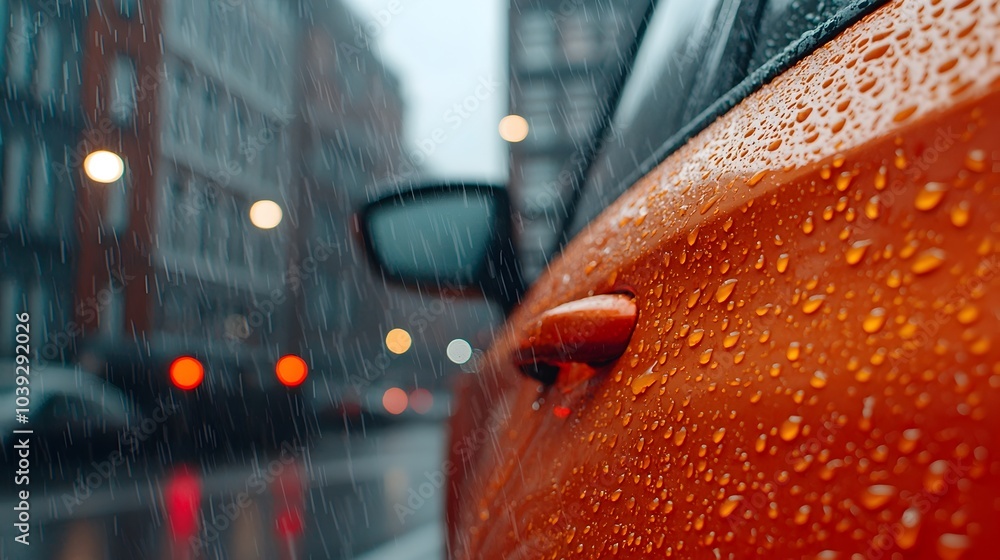 Aufkleber raindrops cascading down car window with blurred streetlights in the background creating a moody atm