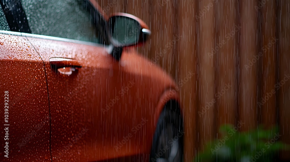 Poster light rain falling on a parked car with streetlights shining through the water droplets on the windo