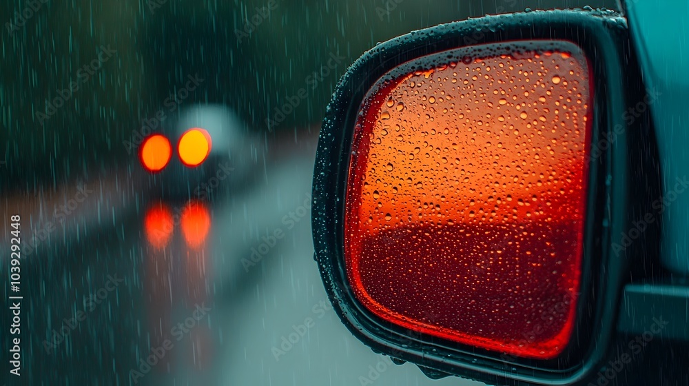 Poster raindrops cling to the surface of a car window creating a shimmering kaleidoscopic effect as vibrant