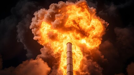 Fototapeta premium Dramatic fiery explosion bursting from a warehouse on the outskirts of the city lighting up the night sky with an intense blaze and billowing smoke
