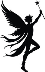 Mystical wizard in flight, flying wizard silhouette, logo, art, design - wizard on the move, floating sorcerer silhouette
