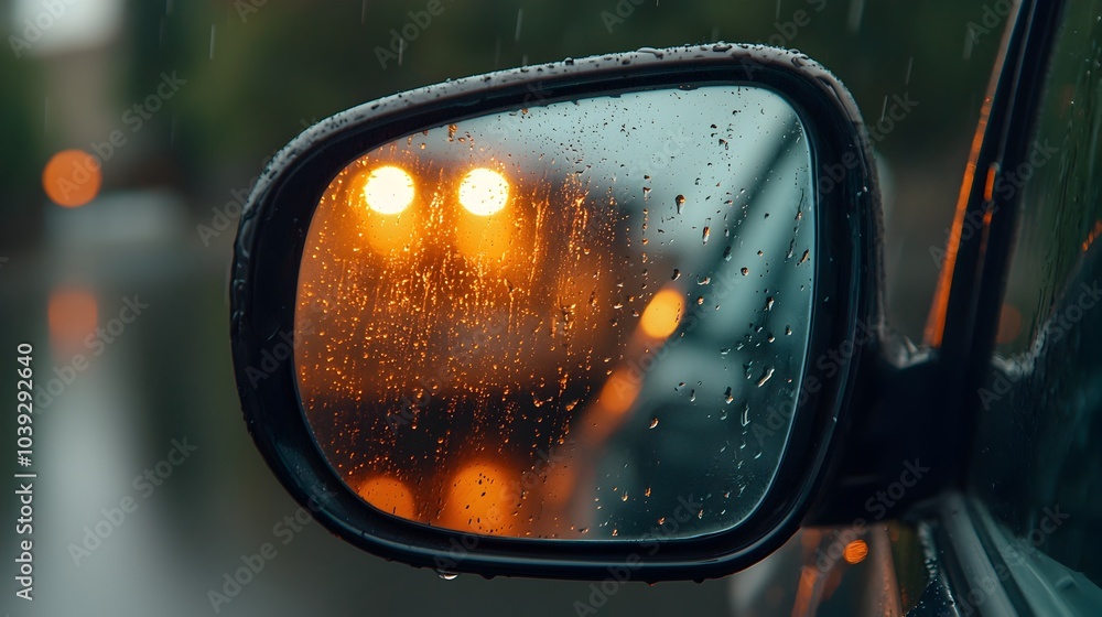 Poster close up view of raindrops on the side mirror of a car creating a blurred and abstract reflection of