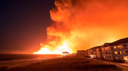 Dramatic scene of a raging fire burning in the distance with the intense flames casting an eerie fiery orange glow that illuminates the surrounding buildings and urban landscape at nighttime