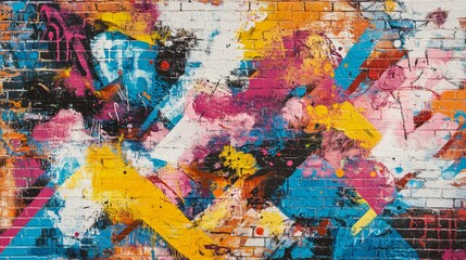Fototapeta premium Colorful abstract graffiti on a brick wall with blue, pink, yellow, and black paint.
