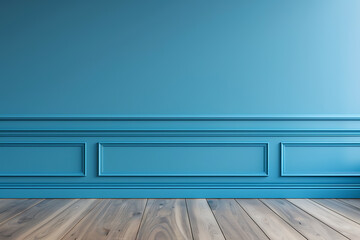A blue wall with wainscoting and a wood floor, perfect for a minimalist interior design.