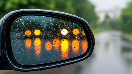 Close up view of rain droplets on the side mirror of a car with the blurred reflections of city lights and street lamps visible in the wet glass surface  Moody atmospheric
