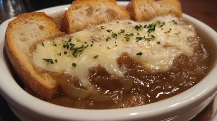 A dish of French onion soup, with caramelized onions and melted cheese on top of a toasted baguette.



