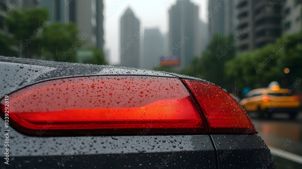 Poster raindrops blurring the silhouette of a city skyline through a car windshield creating a moody atmosp