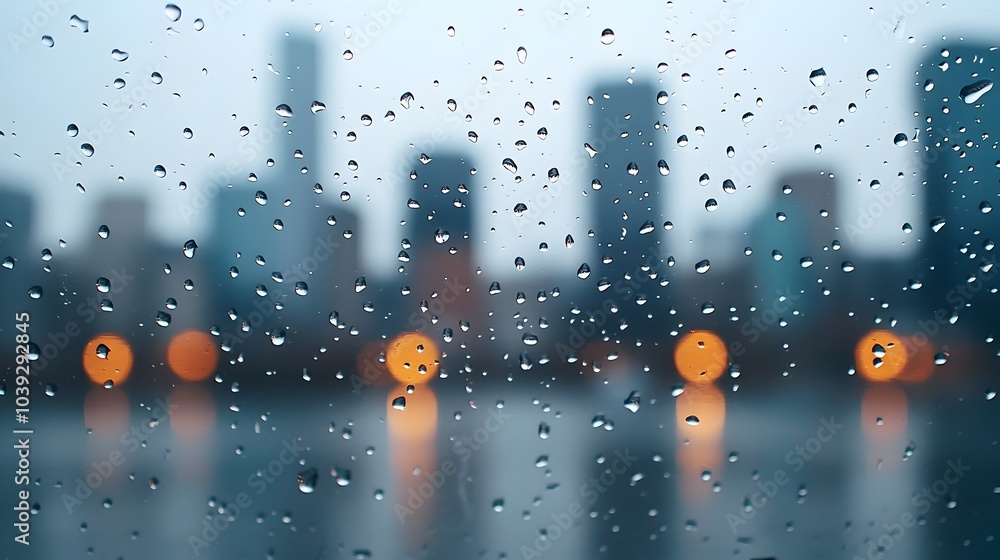 Aufkleber raindrop blurred view of a distant city skyline seen through the wet windshield of a moving vehicle 