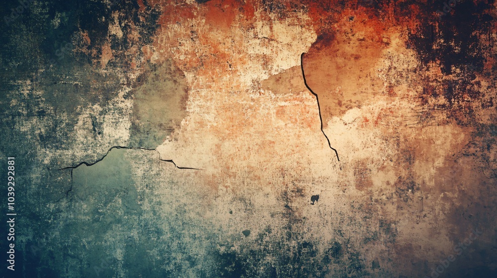 Wall mural Distressed, aged, and cracked wall texture with a dark blue, tan and orange color palette.