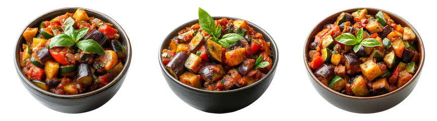 3D bowls of ratatouille with basil garnish isolated on transparent PNG background for food and French cuisine-themed illustrations