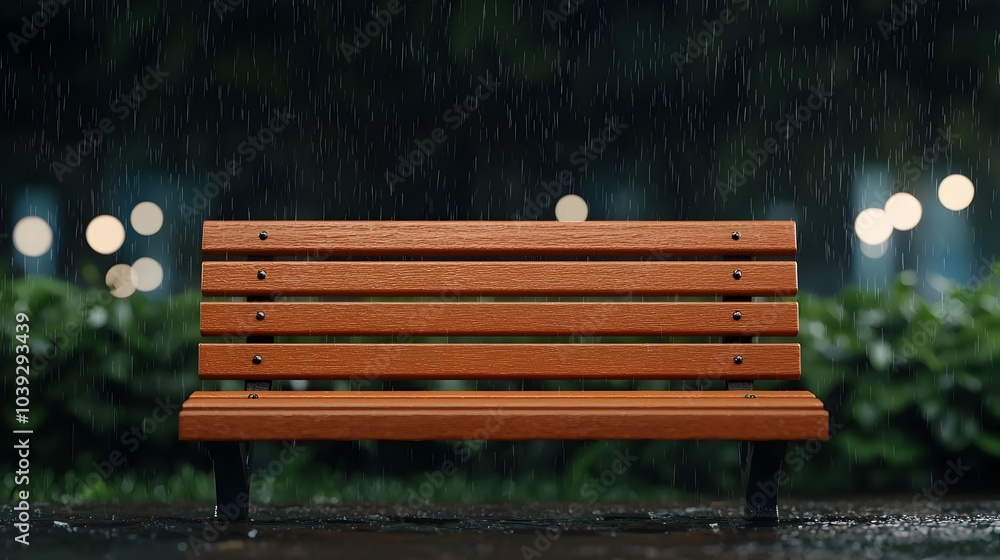 Poster a rain soaked park bench sits empty its silhouette illuminated by the twinkling city lights in the d