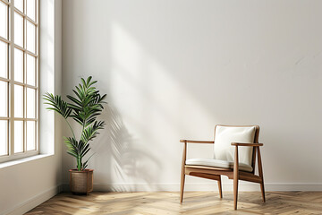 A minimalist living room with a wooden chair, a potted plant, and a large window. The room is flooded with natural light, creating a bright and airy atmosphere.
