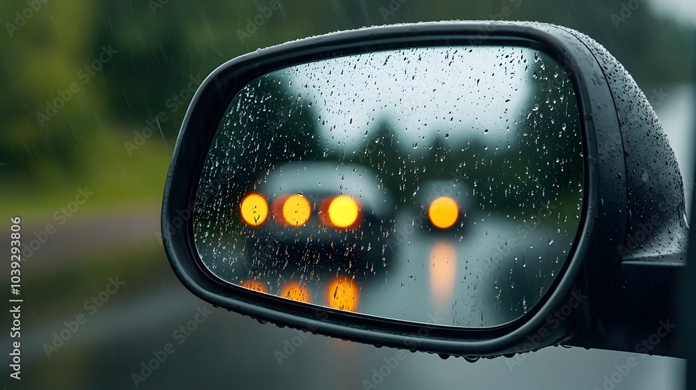 Aufkleber mesmerizing abstract image showcasing rain droplets on a car rearview mirror blurring and distorting