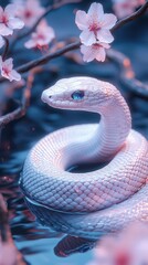 Fototapeta premium A serene white snake surrounded by pink blossoms, creating a tranquil and enchanting natural scene in water.