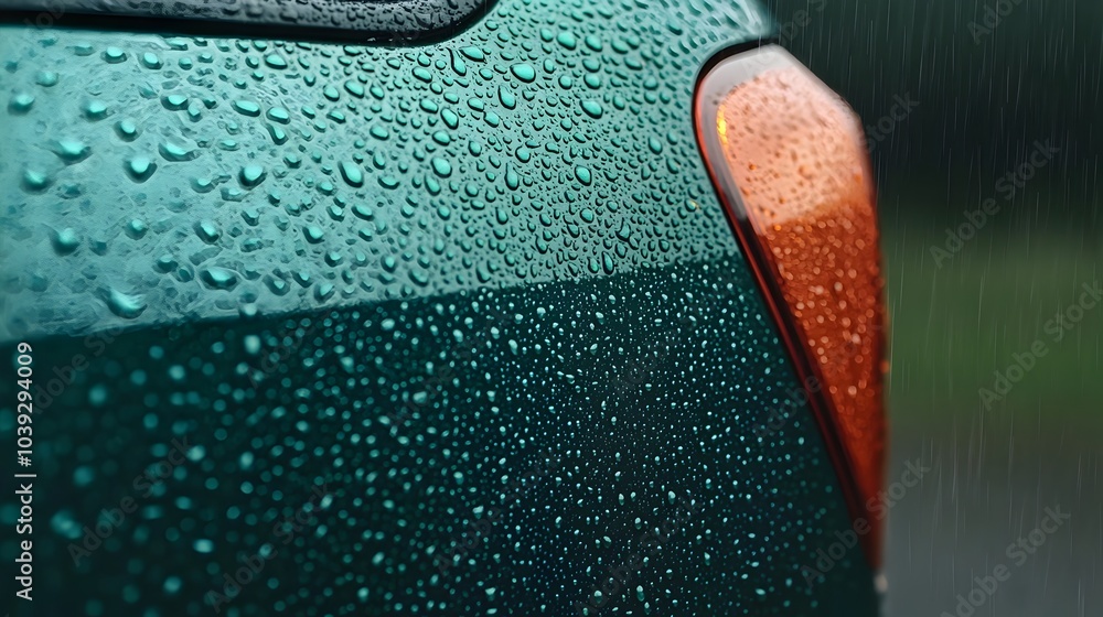Aufkleber close up view of a car door with water droplets clinging to the surface illuminated by streetlights 