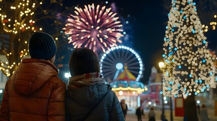 Fototapeta premium Romantic New Year's Eve Celebration A Couple Enjoys Fireworks Amidst Twinkling Lights and Festive Atmosphere at the Fairground