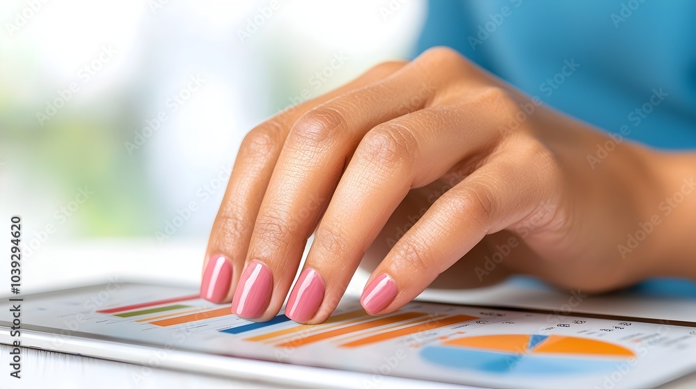Poster close up view of a woman s hand navigating financial data on a tablet screen with detailed graphs in