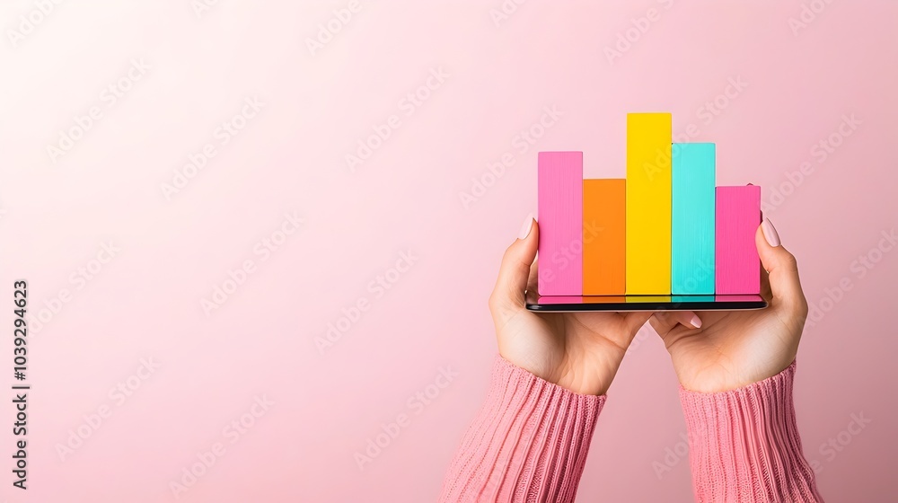 Poster A woman s hand using a pen on a tablet displaying financial data and colorful graphs set in a bright and airy office environment with modern decor