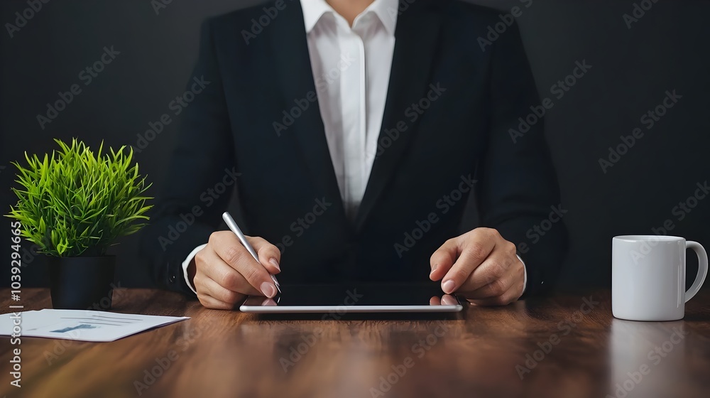 Poster a woman s hand writing with a stylus on a digital tablet displaying financial graphs and charts surr
