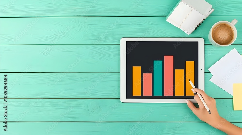 Poster woman s hand writing with a stylus on a tablet device displaying financial graphs and data surrounde