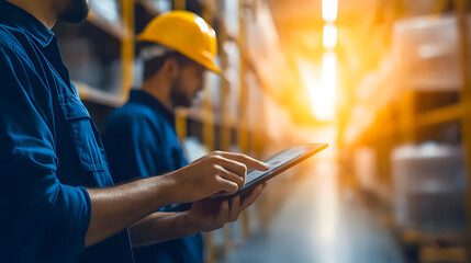 Efficient warehouse team using tablets for digital inventory management, showcasing modern technology in busy storage environment