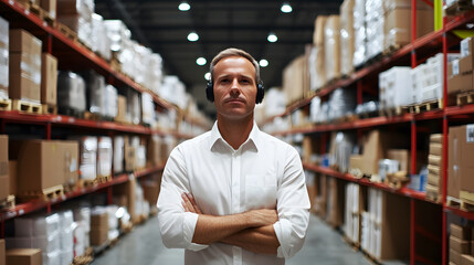 warehouse manager with headset oversees operations in busy storage facility, ensuring efficiency and organization. atmosphere is focused and professional