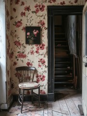 An inviting vintage interior showcasing a wooden chair against floral wallpaper, capturing a cozy, nostalgic ambiance.
