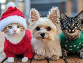 Festive pets in Christmas costumes, cat in red sweater and hat, dog with fluffy fur, and tabby cat in green outfit, all posing happily together