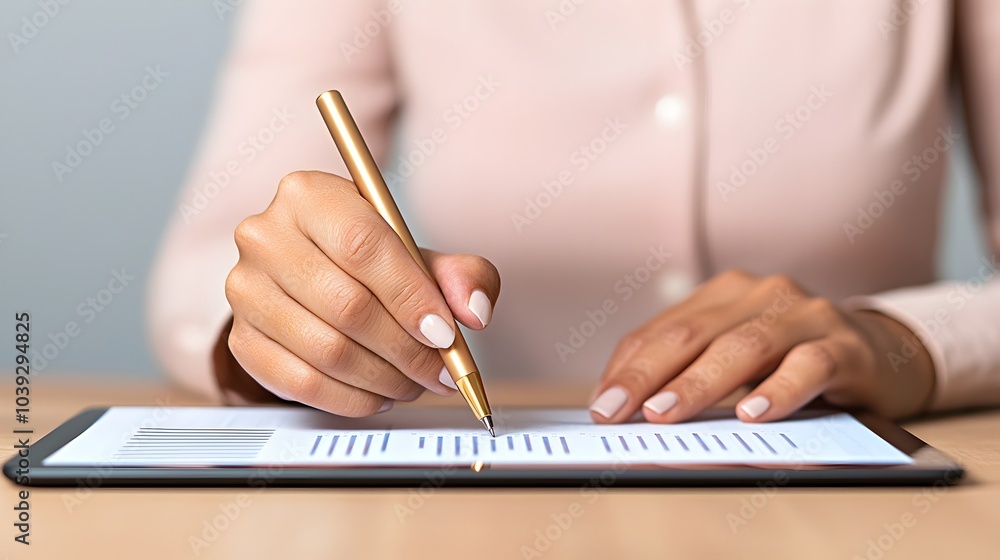 Poster a professional woman s hand gliding pen across tablet displaying intricate financial graphs and data
