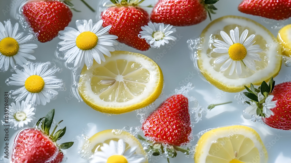 Poster fresh strawberries and lemon slices float on a tranquil surface adorned with daisies, creating a vib
