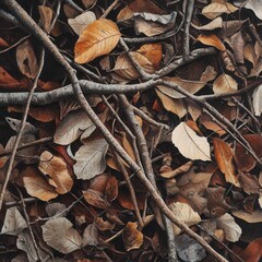 Close-up of autumn leaves and branches on the forest floor, capturing the essence of nature and seasonal change.