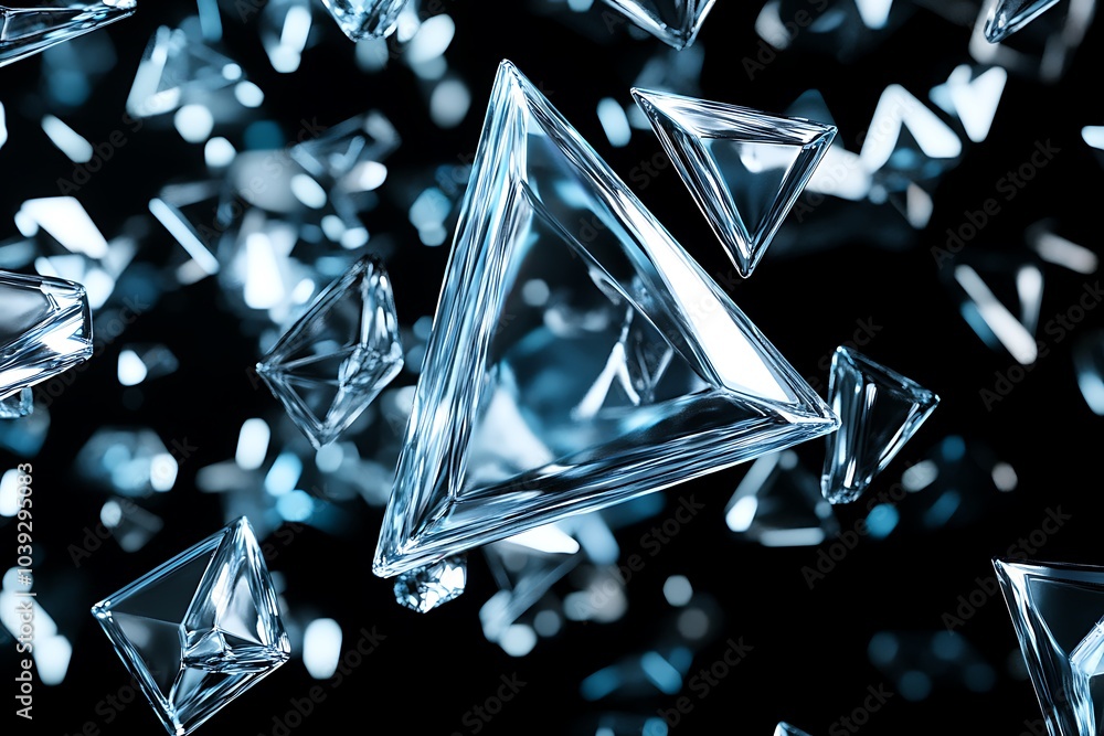 Poster abstract background with blue and white geometric shapes floating on black background.