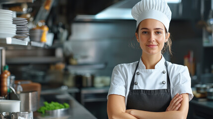 young female chef stands confidently in professional kitchen, showcasing her culinary skills and passion for cooking. Her expression reflects determination and pride in her work
