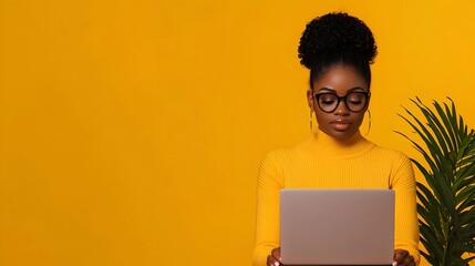 Confident African American woman deeply focused on analyzing complex financial data and reports displayed on her laptop screen in a minimalist modern office setting  The workspace features a clean