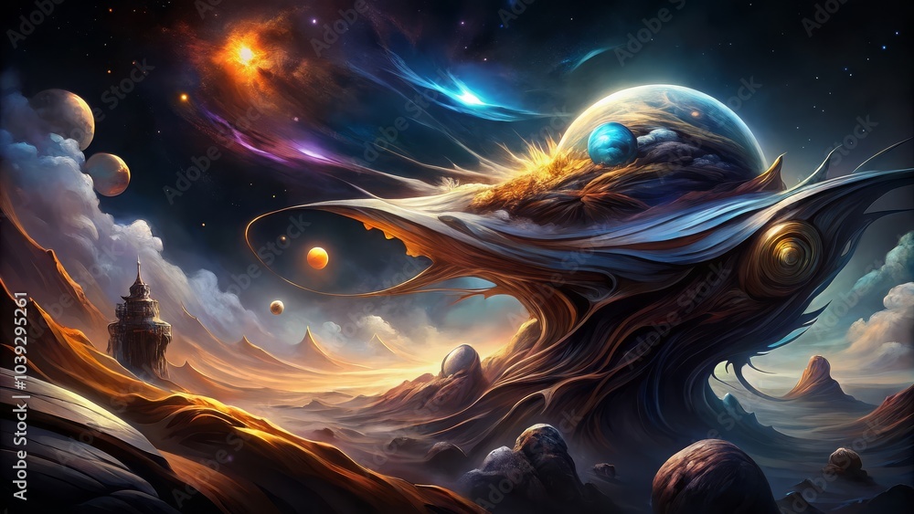 Poster nebulae and galaxies scattered across the vastness of space create an abstract cosmic background.