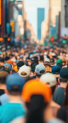 Obraz premium Vibrant Crowd of People in a Bustling Cityscape Captured from Behind at Sunset