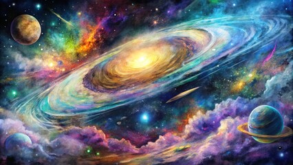 An imaginative cosmos backdrop showcasing vibrant nebulae and distant galaxies.
